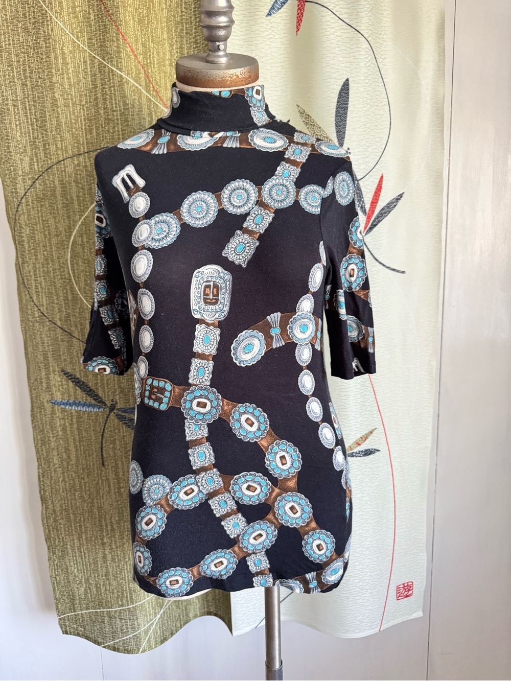 Lauren Ralph Lauren Black Top with Turquoise & Brown Medallion Print